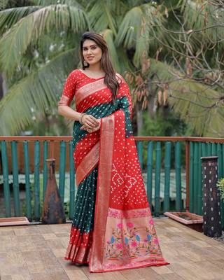 Red Green Woven Design Bandhej silk blend Saree With Blouse 1