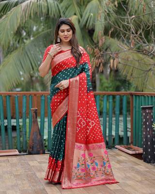 Red Green Woven Design Bandhej silk blend Saree With Blouse 2