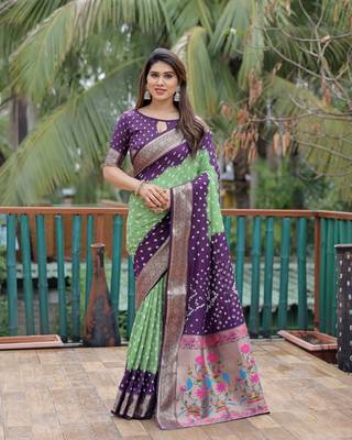 Purple P Green Woven Design Bandhej silk blend Saree With Blouse 1