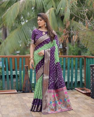 Purple P Green Woven Design Bandhej silk blend Saree With Blouse 2
