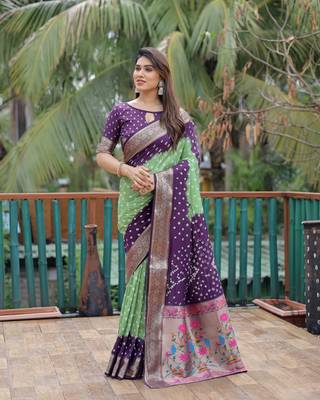 Purple P Green Woven Design Bandhej silk blend Saree With Blouse 3