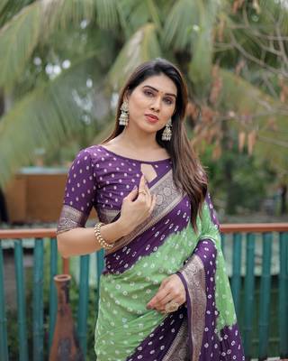 Purple P Green Woven Design Bandhej silk blend Saree With Blouse 4