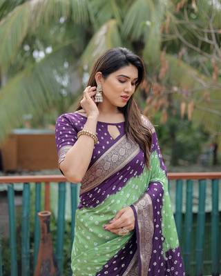 Purple P Green Woven Design Bandhej silk blend Saree With Blouse 5