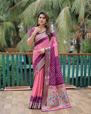 Wine Peach Woven Design Bandhej silk blend Saree With Blouse 1