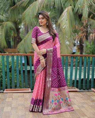 Wine Peach Woven Design Bandhej silk blend Saree With Blouse 2