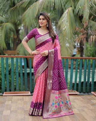 Wine Peach Woven Design Bandhej silk blend Saree With Blouse 3
