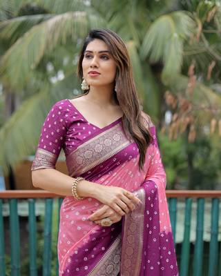 Wine Peach Woven Design Bandhej silk blend Saree With Blouse 4