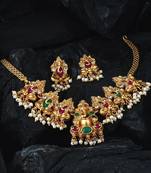 antique gold red green stone lord ganesha motif choker jewellery set for women