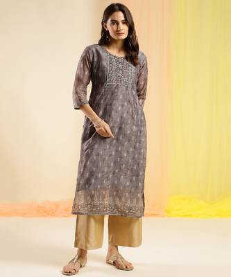 Grey Chinon Digital Printed With Hand Work Kurta 1