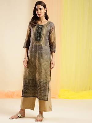 Brown Chinon Digital Printed With Hand Work Kurta 1