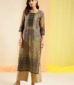 Brown Chinon Digital Printed With Hand Work Kurta
