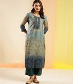 Blue Chinon Digital Printed With Hand Work Kurta