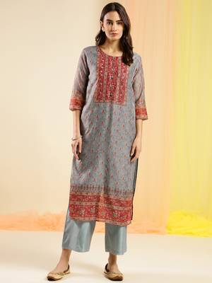 Grey  Chinon Digital Printed With Hand Work Kurta 1