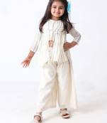 blue cotton-lurex overcoat with silver lurex stripe top & palazzo (set of 3)