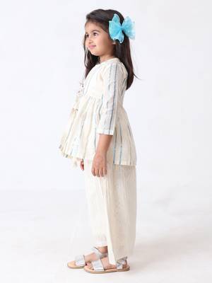 blue cotton-lurex overcoat with silver lurex stripe top & palazzo (set of 3) 3