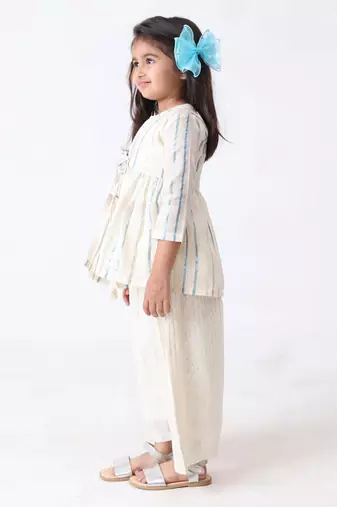 blue cotton-lurex overcoat with silver lurex stripe top & palazzo (set of 3)