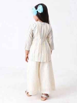 blue cotton-lurex overcoat with silver lurex stripe top & palazzo (set of 3) 4