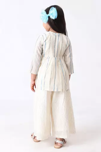 blue cotton-lurex overcoat with silver lurex stripe top & palazzo (set of 3)