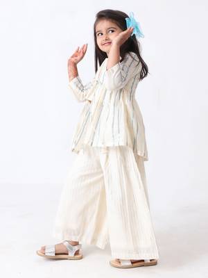 blue cotton-lurex overcoat with silver lurex stripe top & palazzo (set of 3) 5