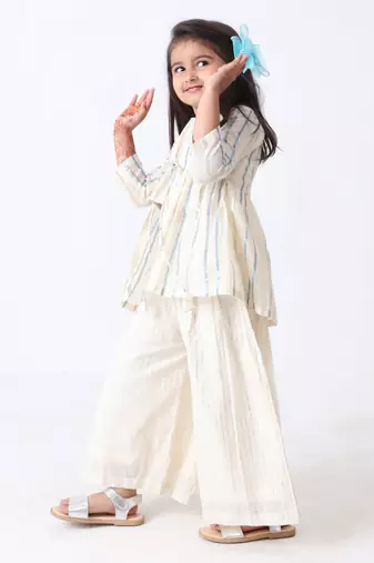 blue cotton-lurex overcoat with silver lurex stripe top & palazzo (set of 3)