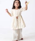 silver cotton-lurex overcoat with lurex stripe top & palazzo (set of 3)