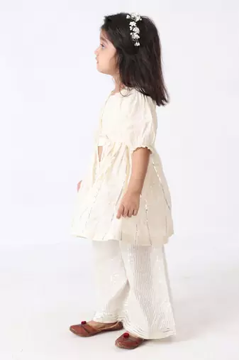silver cotton-lurex overcoat with lurex stripe top & palazzo (set of 3)