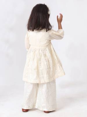 silver cotton-lurex overcoat with lurex stripe top & palazzo (set of 3) 4
