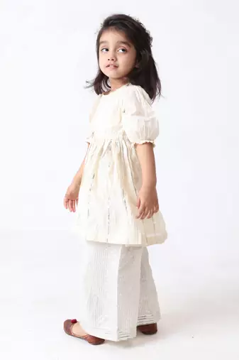 silver cotton-lurex overcoat with lurex stripe top & palazzo (set of 3)