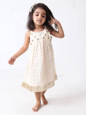 off white-golden checks hand embroidered dress 1