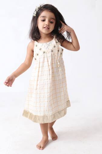 Jilmil off white-golden checks hand embroidered dress