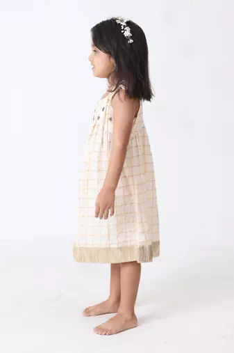 off white-golden checks hand embroidered dress