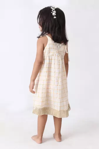 off white-golden checks hand embroidered dress