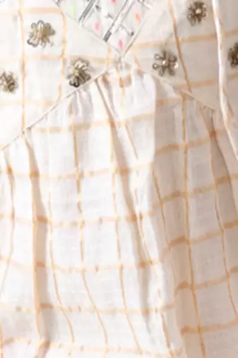 off white-golden checks hand embroidered dress