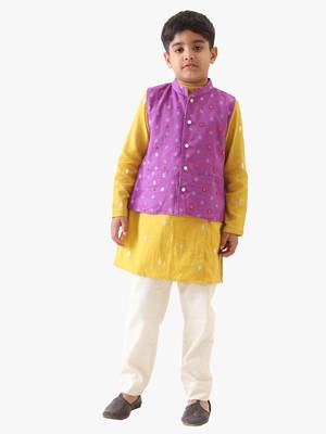 boy's cotton lurex purple bead work nehru jacket with yellow kurta and silver striped pant. 1