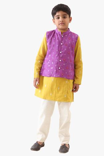 boy's cotton lurex purple bead work nehru jacket with yellow kurta and silver striped pant.
