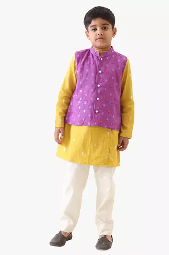 Jilmil boy's cotton lurex purple bead work nehru jacket with yellow kurta and silver striped pant.