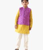 boy's cotton lurex purple bead work nehru jacket with yellow kurta and silver striped pant.