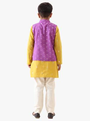 boy's cotton lurex purple bead work nehru jacket with yellow kurta and silver striped pant. 2