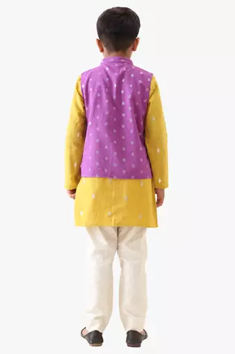 boy's cotton lurex purple bead work nehru jacket with yellow kurta and silver striped pant.