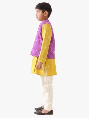 boy's cotton lurex purple bead work nehru jacket with yellow kurta and silver striped pant. 3