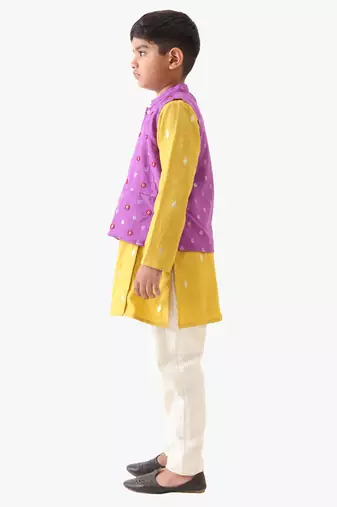 boy's cotton lurex purple bead work nehru jacket with yellow kurta and silver striped pant.