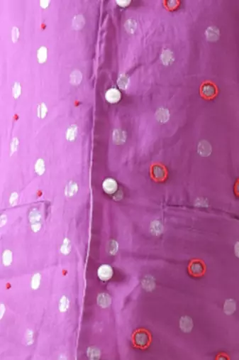 boy's cotton lurex purple bead work nehru jacket with yellow kurta and silver striped pant.