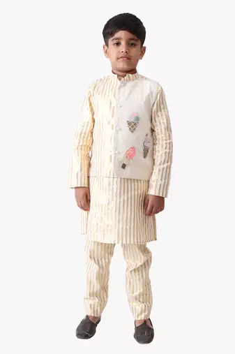 Jilmil boy's cotton lurex hand embroidery nehru jacket with cotton golden stripes kurta and pant