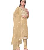 Women's beige heavy thread embrodiery with embroidered dupatta organja dress material