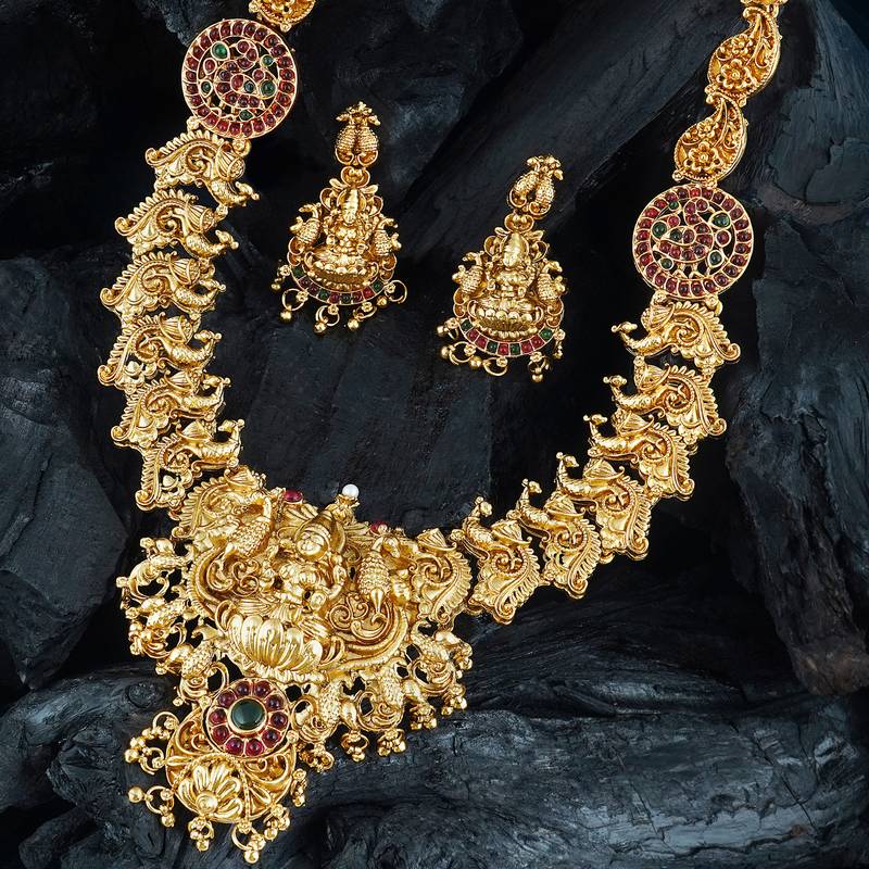antique stone maa lakshmi peacock motif rani haar jewellery set