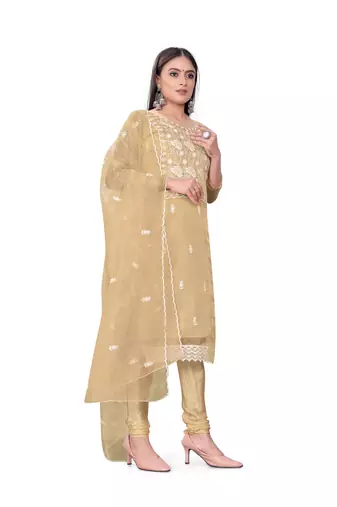 Women's beige heavy thread embrodiery with embroidered dupatta organja dress material