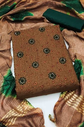 Women's brown unstitched heavy thread sequence embroidery with designer dupatta zora silk dress material 