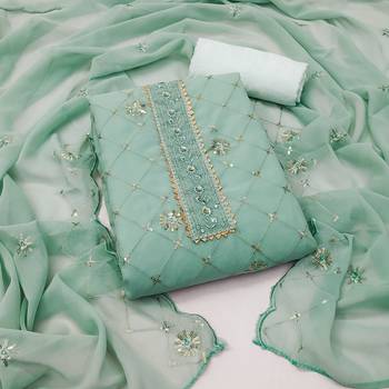Women's sea green heavy thread sequence embroidery stylish neck dupatta georgette dress material 1