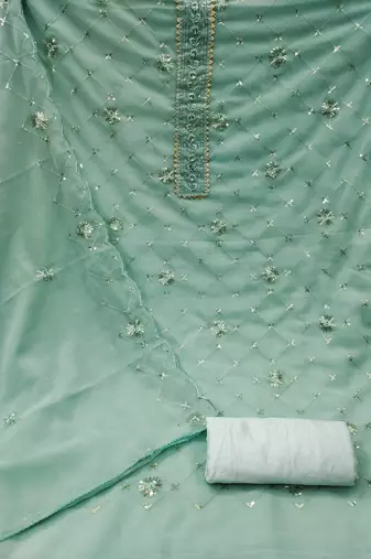 Women's sea green heavy thread sequence embroidery stylish neck dupatta georgette dress material