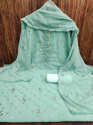 Women's sea green heavy thread sequence embroidery stylish neck dupatta georgette dress material 3